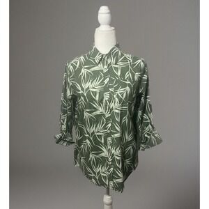Lands End Size Small Green Palm Island Beach Button Up Blouse Vacation Resort